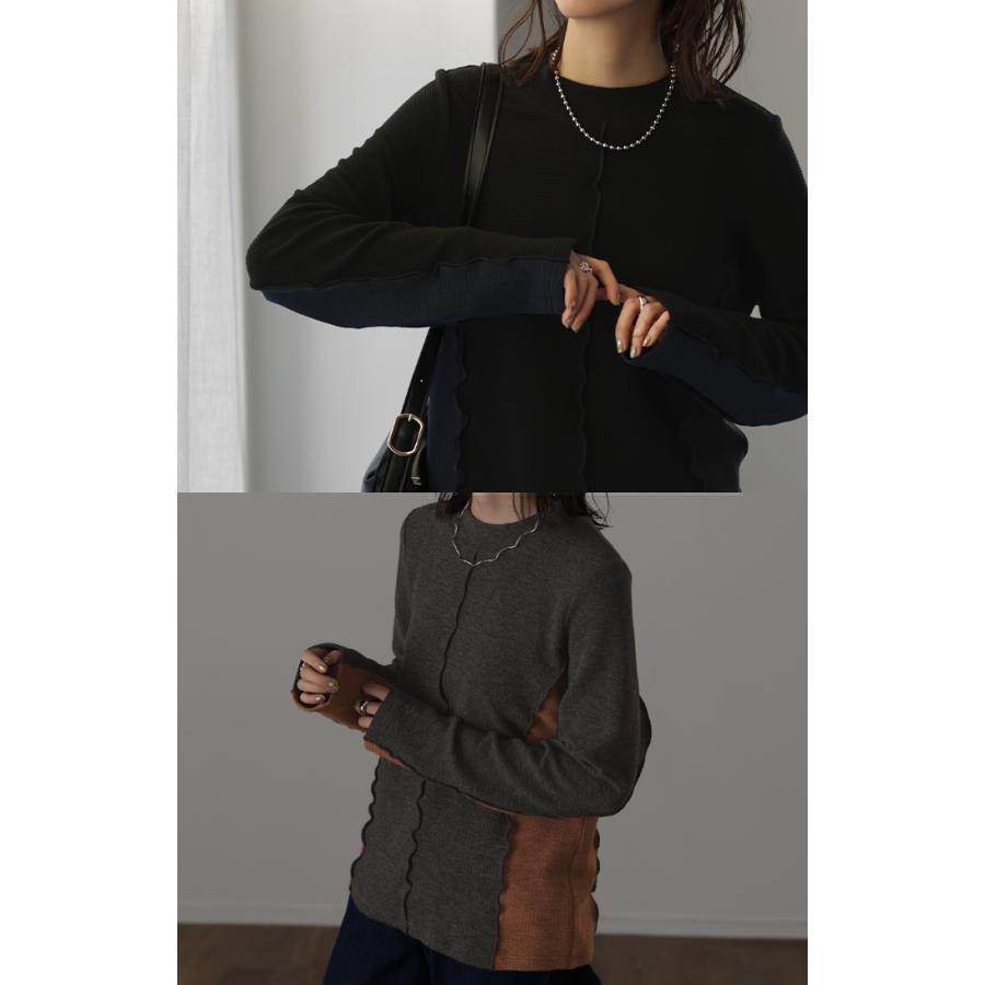 ニットソー カットソー レディース ティーシャツ インナー 無地 長袖 ロンT Tシャツ ハイネック バイカラー | HUG.U | 05