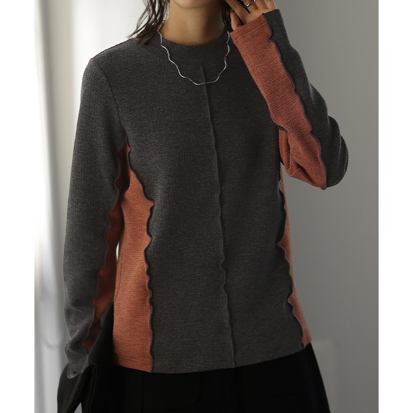 ニットソー カットソー レディース ティーシャツ インナー 無地 長袖 ロンT Tシャツ ハイネック バイカラー | HUG.U | 06