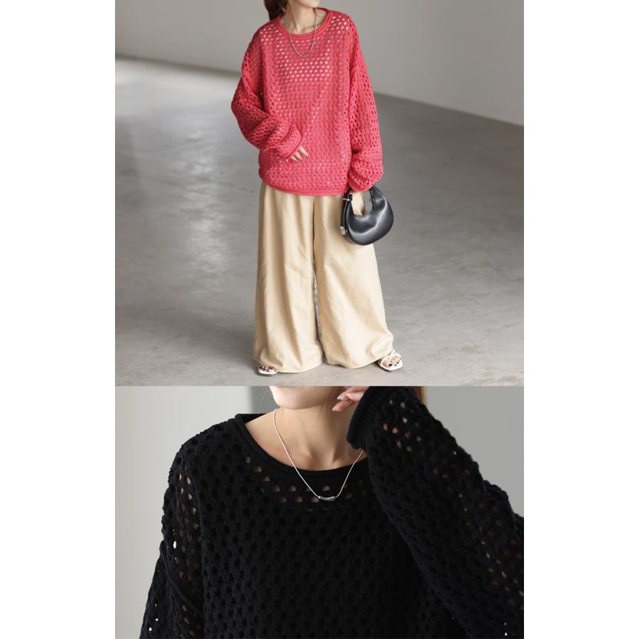 ニット メッシュ プルオーバー ボーダー レディース セーター ぽわん袖 重ね 体型カバー トップス ゆる 長袖 | HUG.U | 14