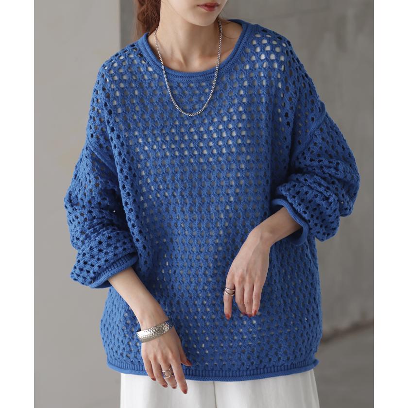 ニット メッシュ プルオーバー ボーダー レディース セーター ぽわん袖 重ね 体型カバー トップス ゆる 長袖 | HUG.U | 08