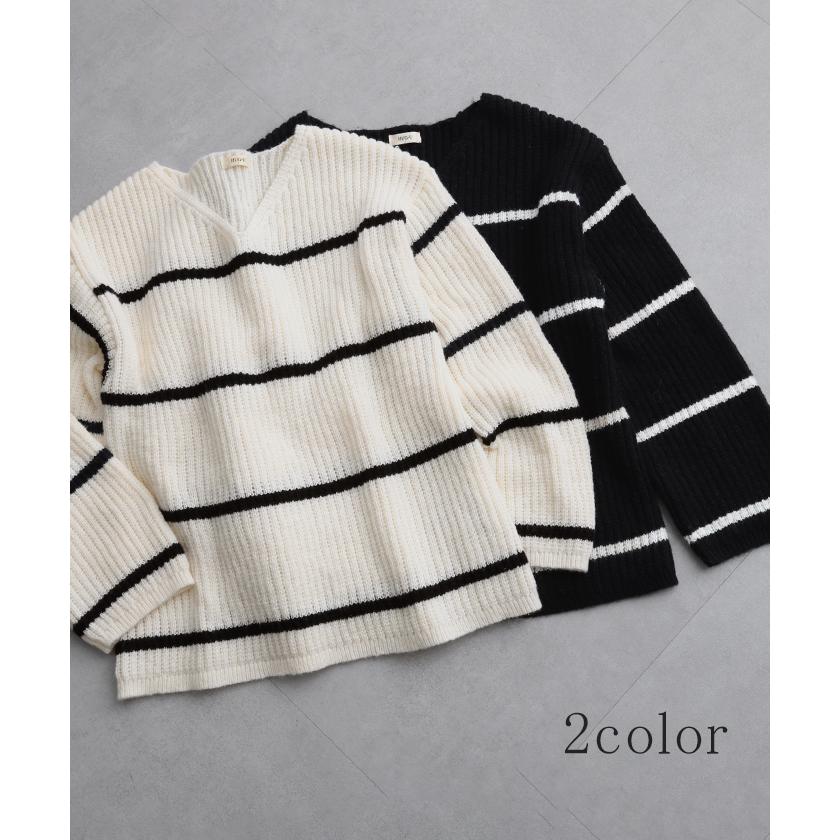SALE ニット ボーダー ニット レディース Vネック トップス ボーダーニット セーター ゆったり ざっくり ぽわん袖 | HUG.U | 12