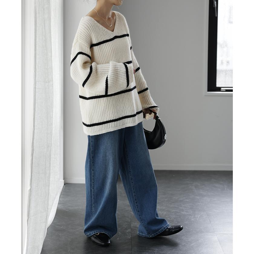 SALE ニット ボーダー ニット レディース Vネック トップス ボーダーニット セーター ゆったり ざっくり ぽわん袖 | HUG.U | 16
