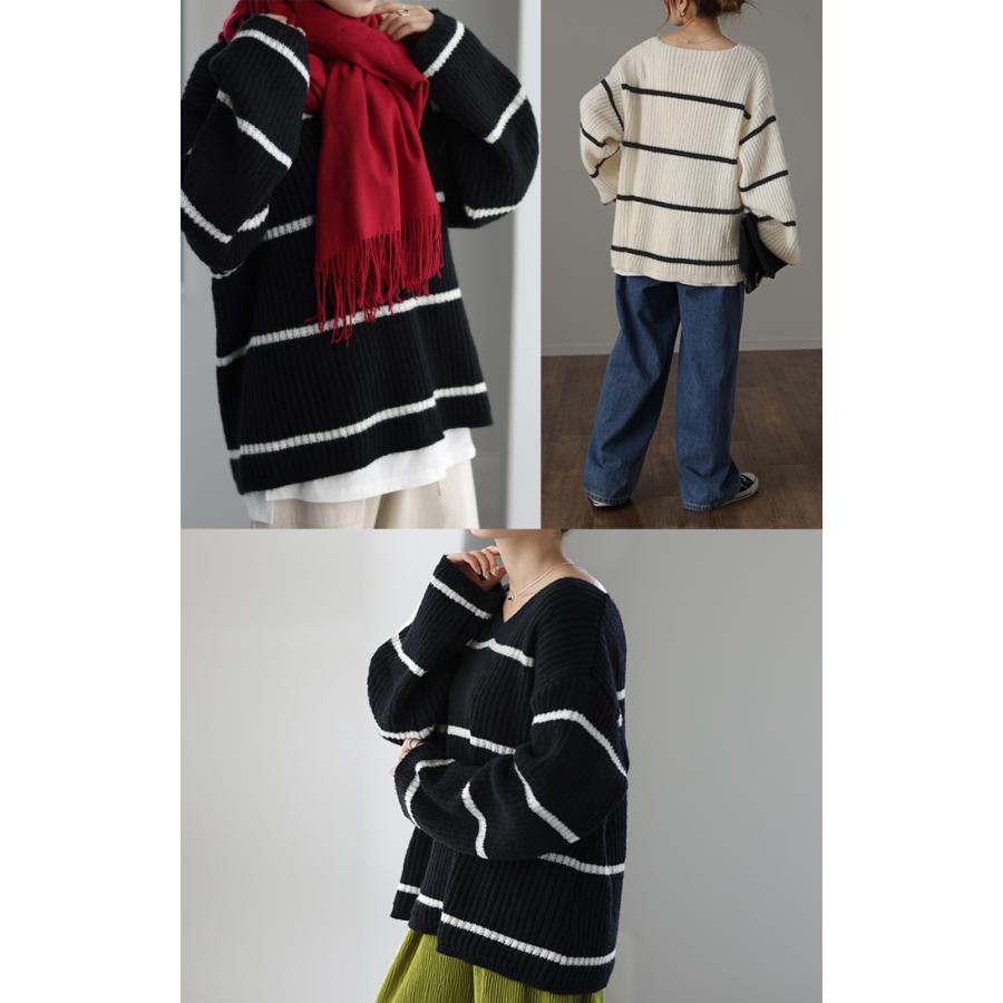 SALE ニット ボーダー ニット レディース Vネック トップス ボーダーニット セーター ゆったり ざっくり ぽわん袖 | HUG.U | 17