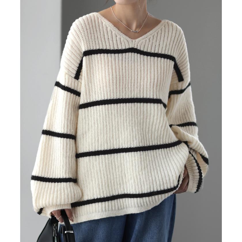 SALE ニット ボーダー ニット レディース Vネック トップス ボーダーニット セーター ゆったり ざっくり ぽわん袖 | HUG.U | 06