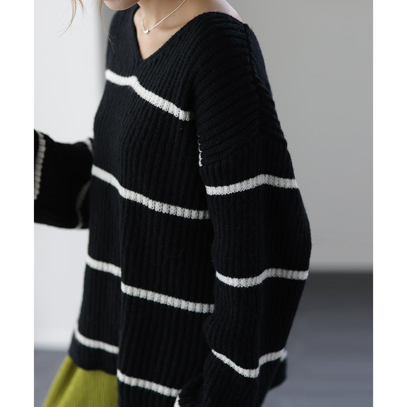 SALE ニット ボーダー ニット レディース Vネック トップス ボーダーニット セーター ゆったり ざっくり ぽわん袖 | HUG.U | 10