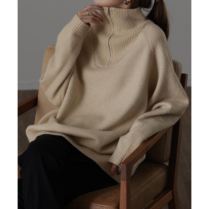 ニット ハーフジップ  トップス レディース セーター タートルネック ハイネック オーバーサイズ プルオーバー | HUG.U | 17