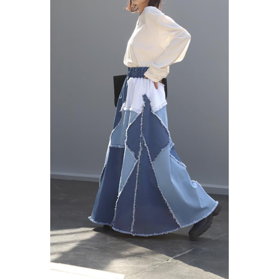 SALE スカート デニムスカート ロングスカート ロング フレア Aライン Aラインスカート ボトムス パッチワーク 2411sl | HUG.U | 20