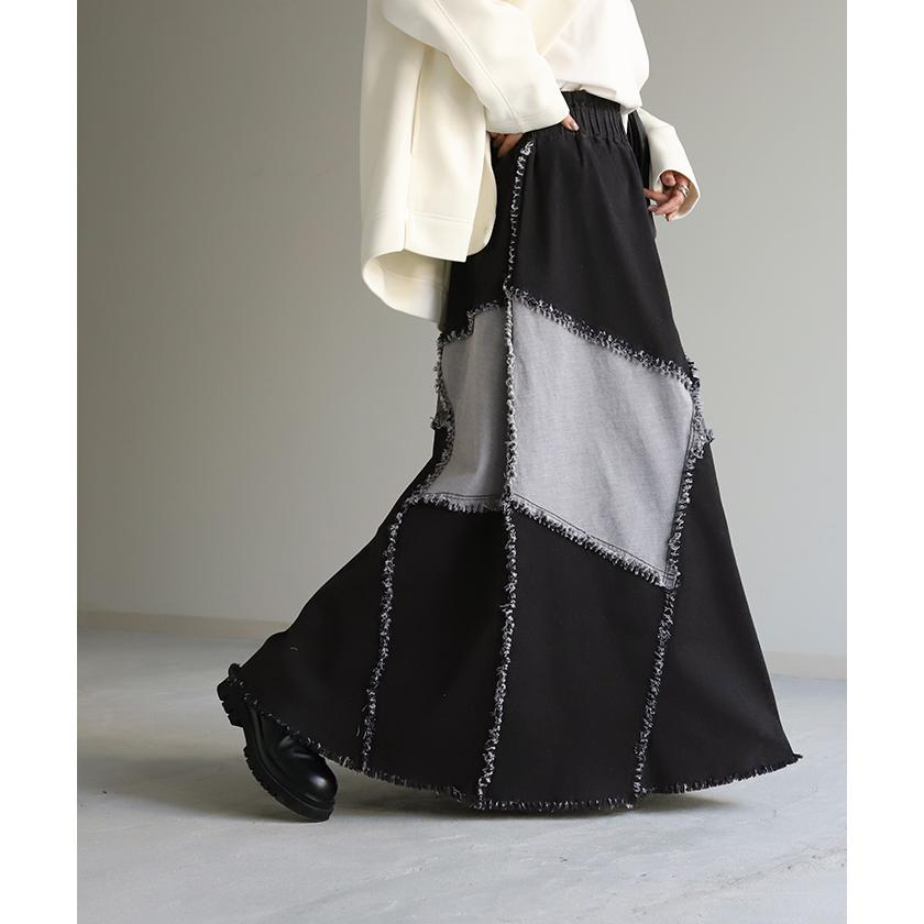 SALE スカート デニムスカート ロングスカート ロング フレア Aライン Aラインスカート ボトムス パッチワーク 2411sl | HUG.U | 05