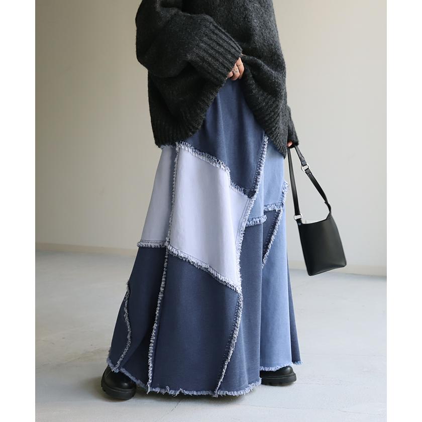 SALE スカート デニムスカート ロングスカート ロング フレア Aライン Aラインスカート ボトムス パッチワーク 2411sl | HUG.U | 07