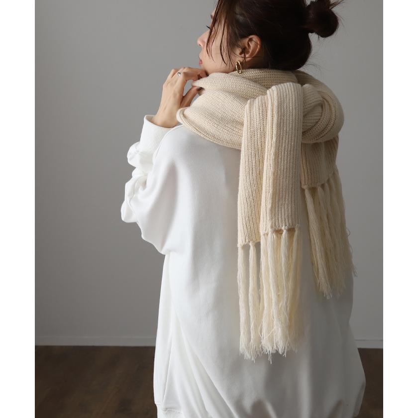 希少✨マラミュート　大判ストール　マフラー　フリンジ　ホワイト　グレー HUG.U マフラー ニット 大判 厚手 レディース ニットマフラー