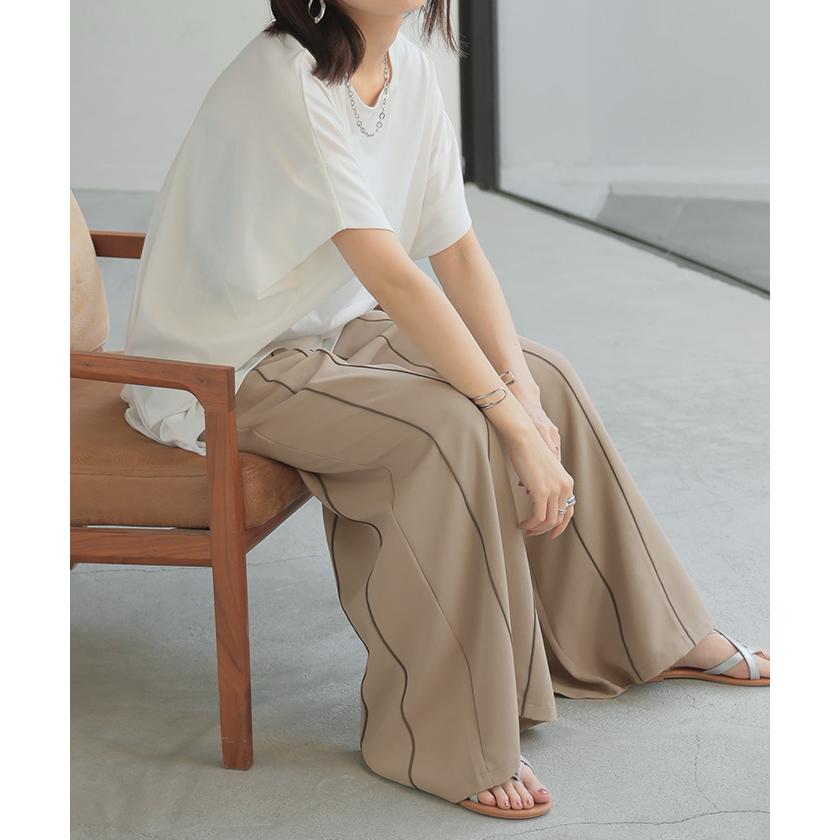 パンツ ワイド ラインパンツ レディース ライン パイピング ワイドパンツ ロング ロングパンツ 体型カバー ボトムス ボトム ストレート ズボン ゆったり | HUG.U | 11