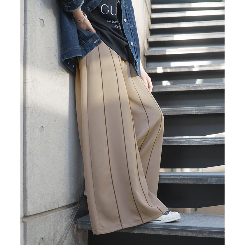 パンツ ワイド ラインパンツ レディース ライン パイピング ワイドパンツ ロング ロングパンツ 体型カバー ボトムス ボトム ストレート ズボン ゆったり | HUG.U | 19