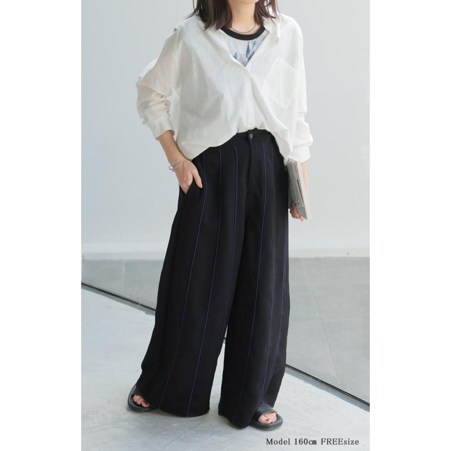パンツ ワイド ラインパンツ レディース ライン パイピング ワイドパンツ ロング ロングパンツ 体型カバー ボトムス ボトム ストレート ズボン ゆったり | HUG.U | 05
