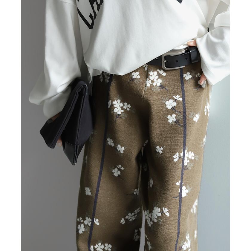 ニットパンツ ジャガード ワイド レディース ワイドパンツ ニット 花 柄 フレア フレアパンツ レギパン | HUG.U | 06