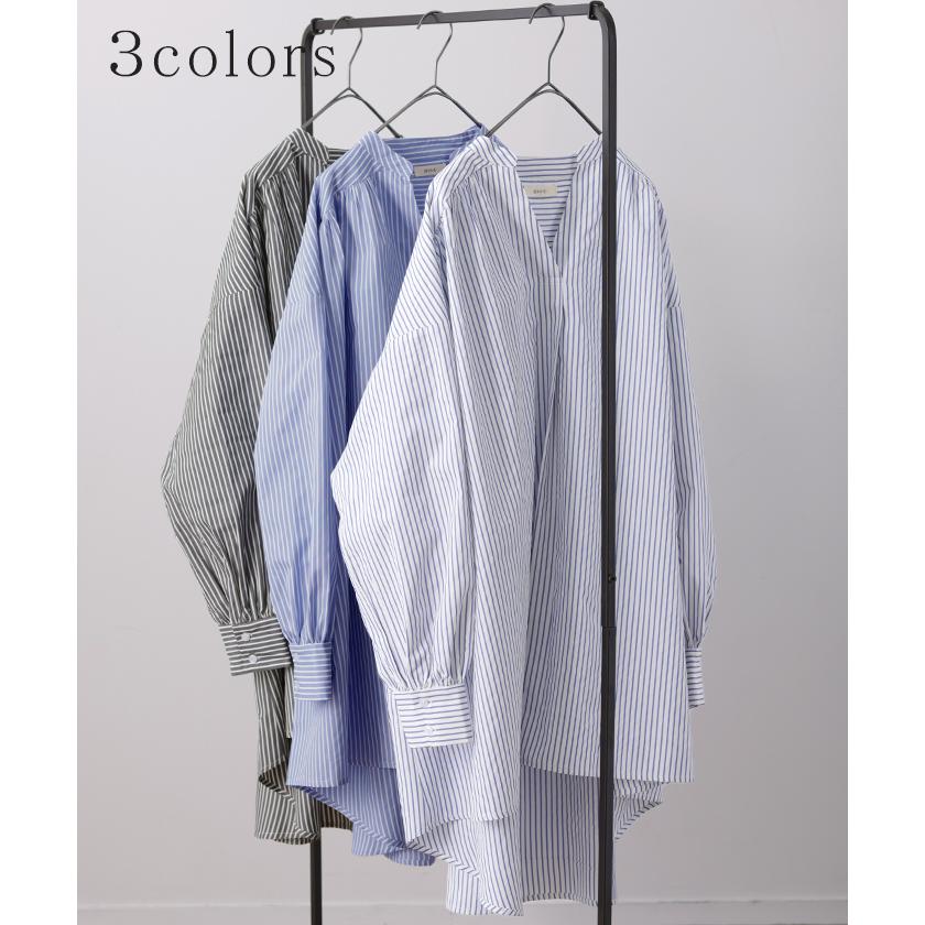 シャツ 映え ギャザー 体型カバー トップス レディース ストライプ チュニック スキッパー キーネック 長袖 | HUG.U | 14