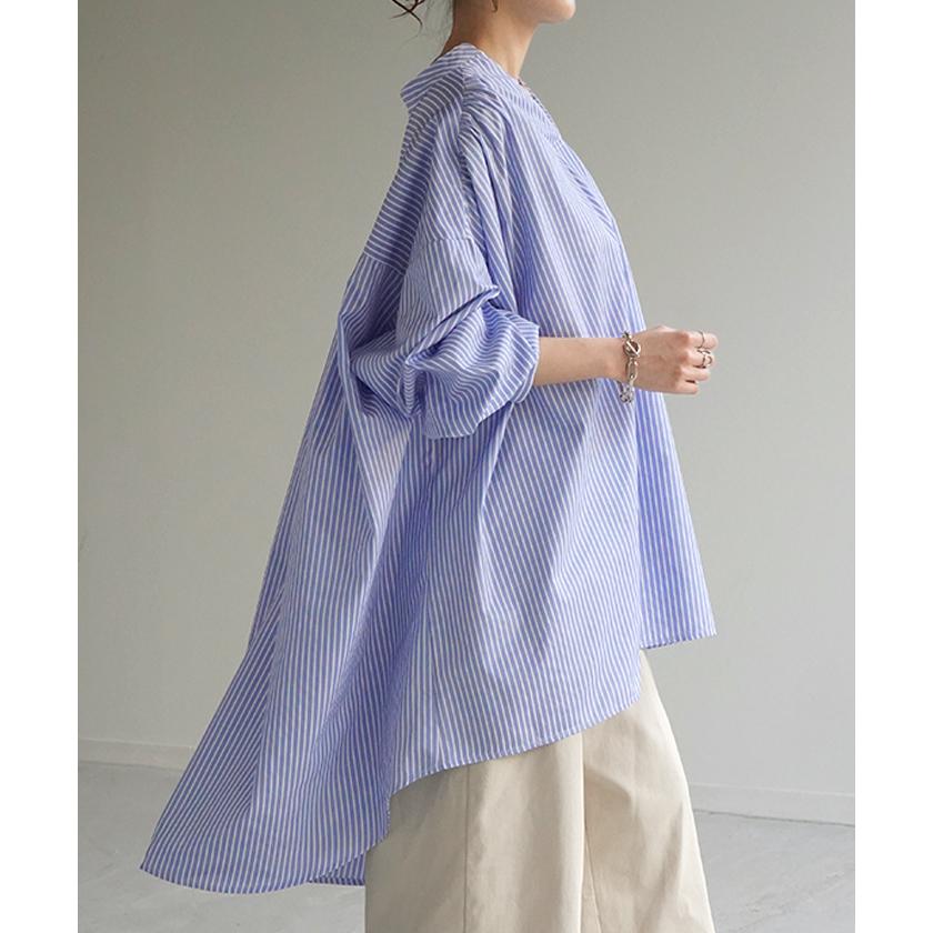 シャツ 映え ギャザー 体型カバー トップス レディース ストライプ チュニック スキッパー キーネック 長袖 | HUG.U | 07