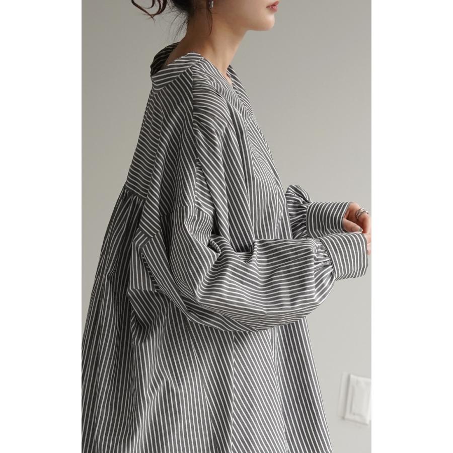 シャツ 映え ギャザー 体型カバー トップス レディース ストライプ チュニック スキッパー キーネック 長袖 | HUG.U | 08
