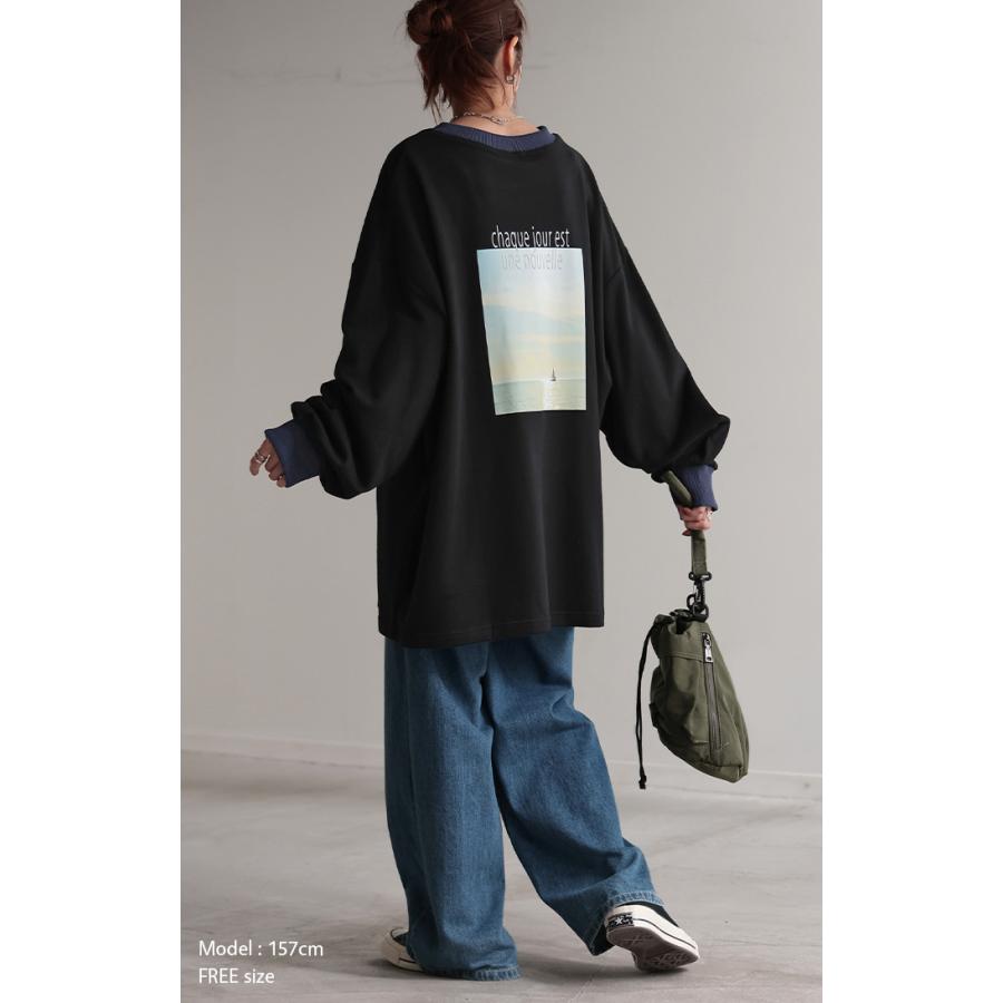 カットソー ロンT プリント レディース Tシャツ プリント 長袖 厚手 ロング ロゴ ロゴT バックプリント | HUG.U | 23