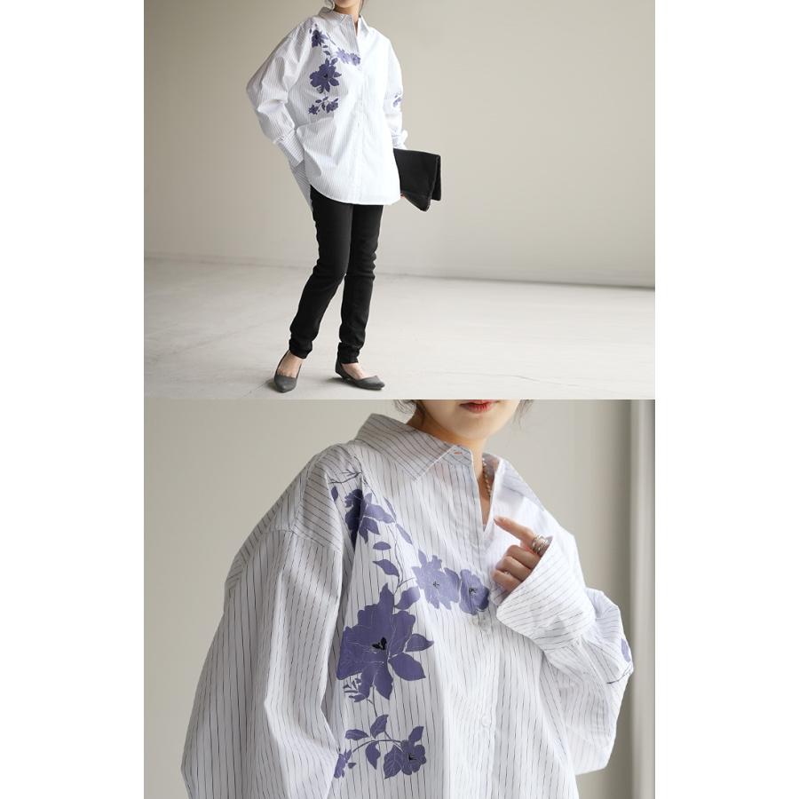 シャツ 柄 体型カバー トップス レディース ストライプ 花柄 レギュラーカラー 長袖 大きいサイズ ロングシャツ | HUG.U | 12