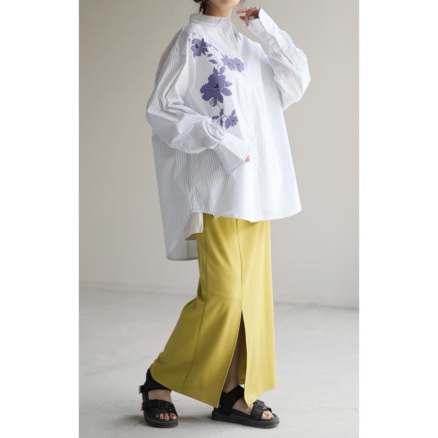 シャツ 柄 体型カバー トップス レディース ストライプ 花柄 レギュラーカラー 長袖 大きいサイズ ロングシャツ | HUG.U | 13