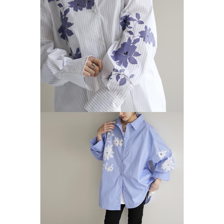 シャツ 柄 体型カバー トップス レディース ストライプ 花柄 レギュラーカラー 長袖 大きいサイズ ロングシャツ | HUG.U | 14