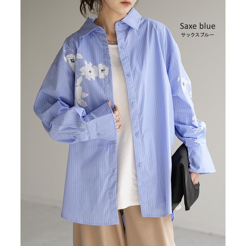 シャツ 柄 体型カバー トップス レディース ストライプ 花柄 レギュラーカラー 長袖 大きいサイズ ロングシャツ | HUG.U | 15