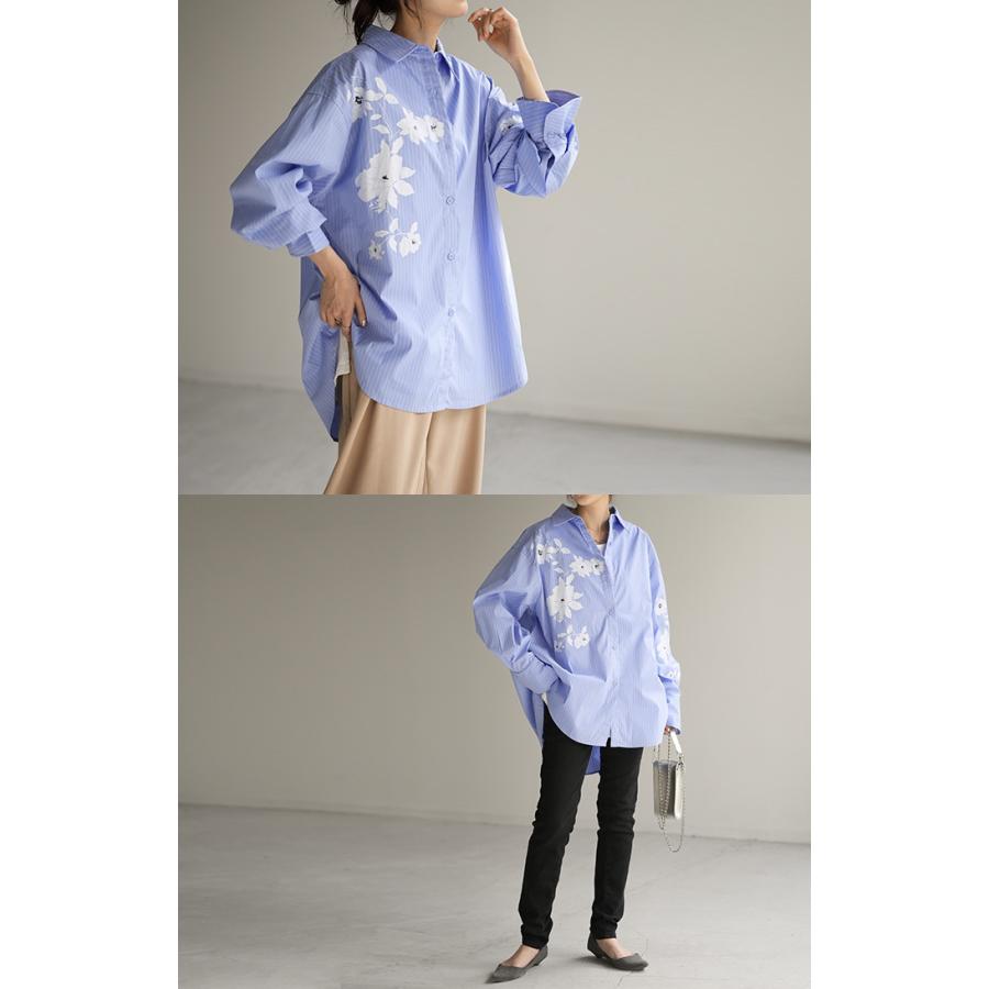 シャツ 柄 体型カバー トップス レディース ストライプ 花柄 レギュラーカラー 長袖 大きいサイズ ロングシャツ | HUG.U | 16