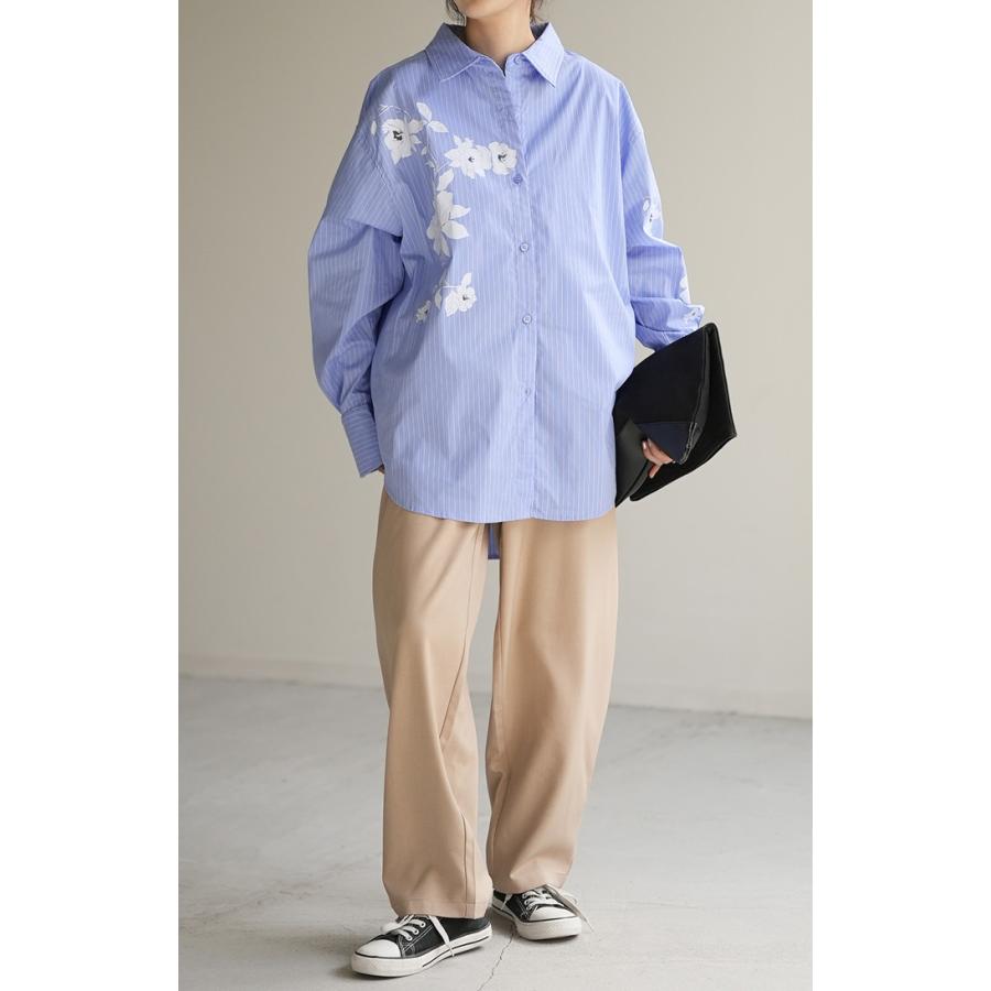 シャツ 柄 体型カバー トップス レディース ストライプ 花柄 レギュラーカラー 長袖 大きいサイズ ロングシャツ | HUG.U | 17