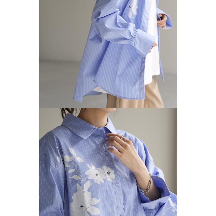 シャツ 柄 体型カバー トップス レディース ストライプ 花柄 レギュラーカラー 長袖 大きいサイズ ロングシャツ | HUG.U | 18