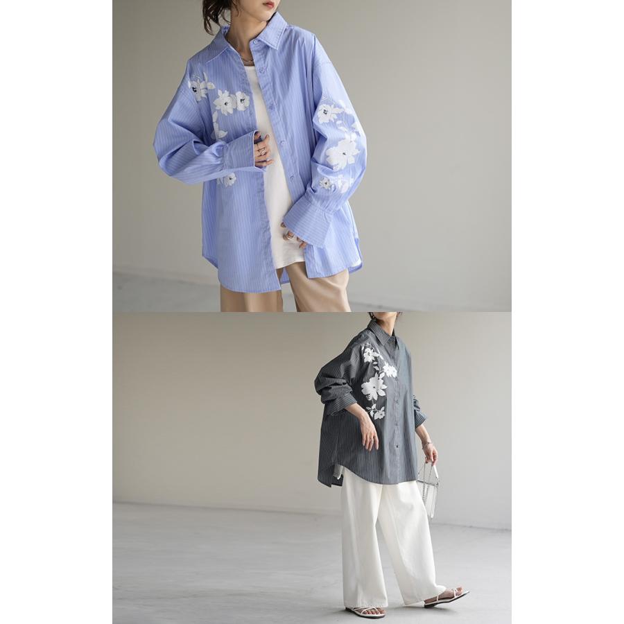 シャツ 柄 体型カバー トップス レディース ストライプ 花柄 レギュラーカラー 長袖 大きいサイズ ロングシャツ | HUG.U | 19