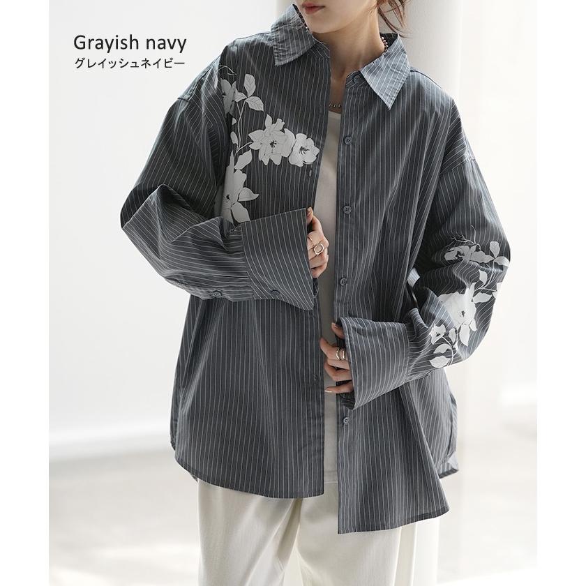 シャツ 柄 体型カバー トップス レディース ストライプ 花柄 レギュラーカラー 長袖 大きいサイズ ロングシャツ | HUG.U | 20