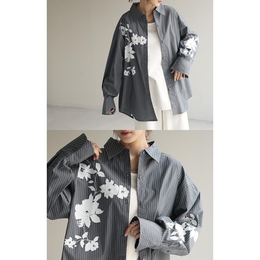 シャツ 柄 体型カバー トップス レディース ストライプ 花柄 レギュラーカラー 長袖 大きいサイズ ロングシャツ | HUG.U | 21