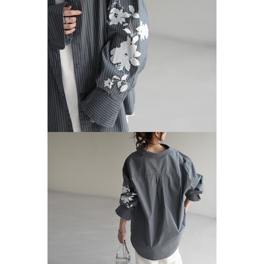 シャツ 柄 体型カバー トップス レディース ストライプ 花柄 レギュラーカラー 長袖 大きいサイズ ロングシャツ | HUG.U | 22