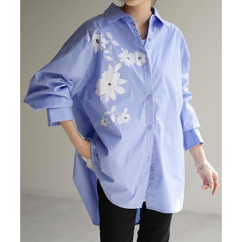 シャツ 柄 体型カバー トップス レディース ストライプ 花柄 レギュラーカラー 長袖 大きいサイズ ロングシャツ | HUG.U | 07