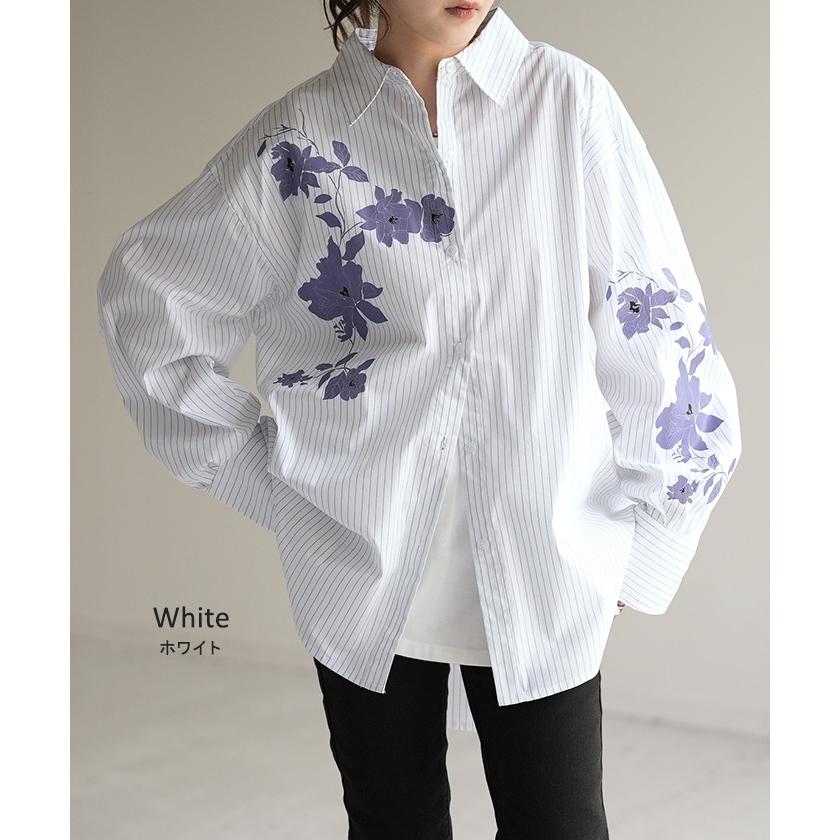 シャツ 柄 体型カバー トップス レディース ストライプ 花柄 レギュラーカラー 長袖 大きいサイズ ロングシャツ | HUG.U | 10