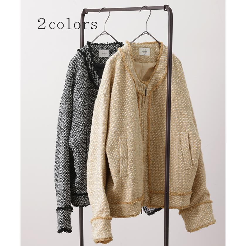 ジャケット ツイード ノーカラー ジャスト丈 ブルゾン ツイードジャケット アウター レディース きれいめ OUTER2410 | HUG.U | 11
