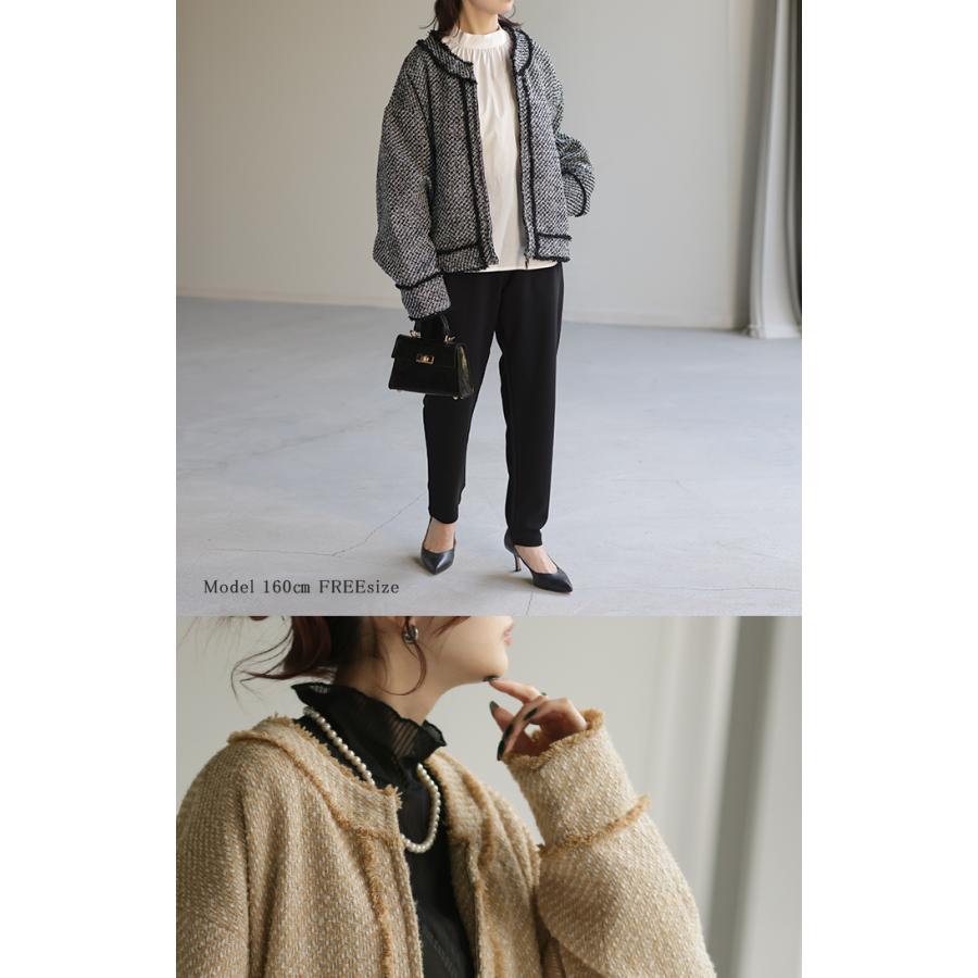 ジャケット ツイード ノーカラー ジャスト丈 ブルゾン ツイードジャケット アウター レディース きれいめ OUTER2410 | HUG.U | 13