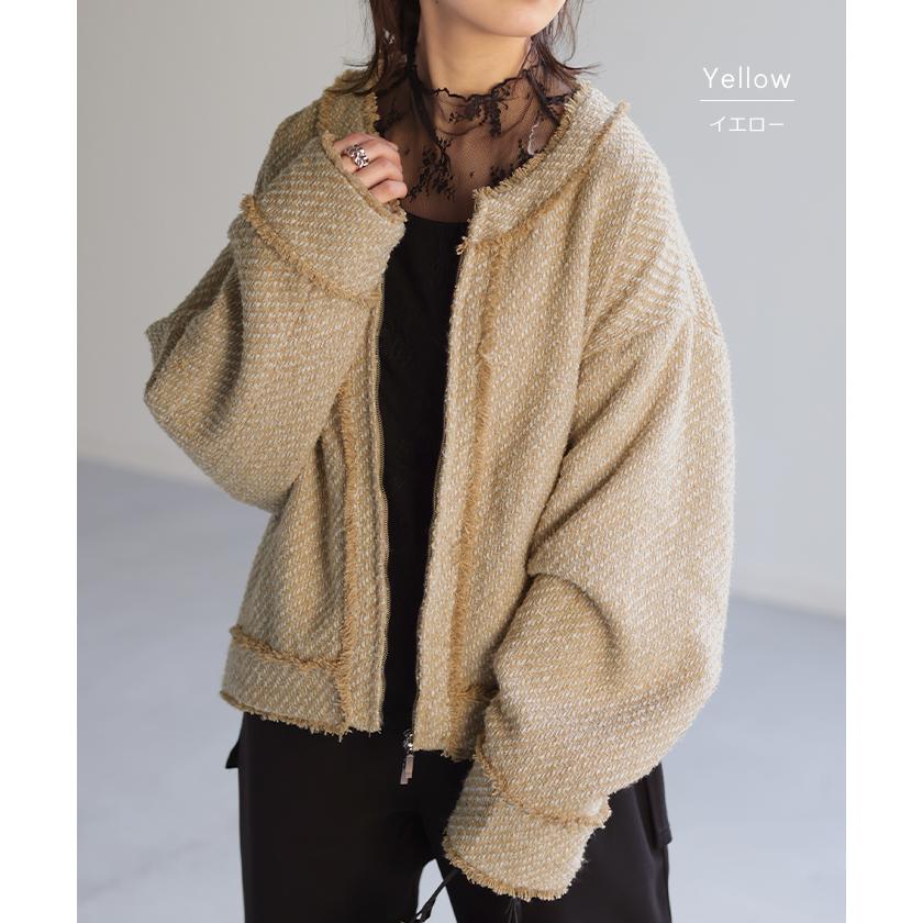 ジャケット ツイード ノーカラー ジャスト丈 ブルゾン ツイードジャケット アウター レディース きれいめ OUTER2410 | HUG.U | 14