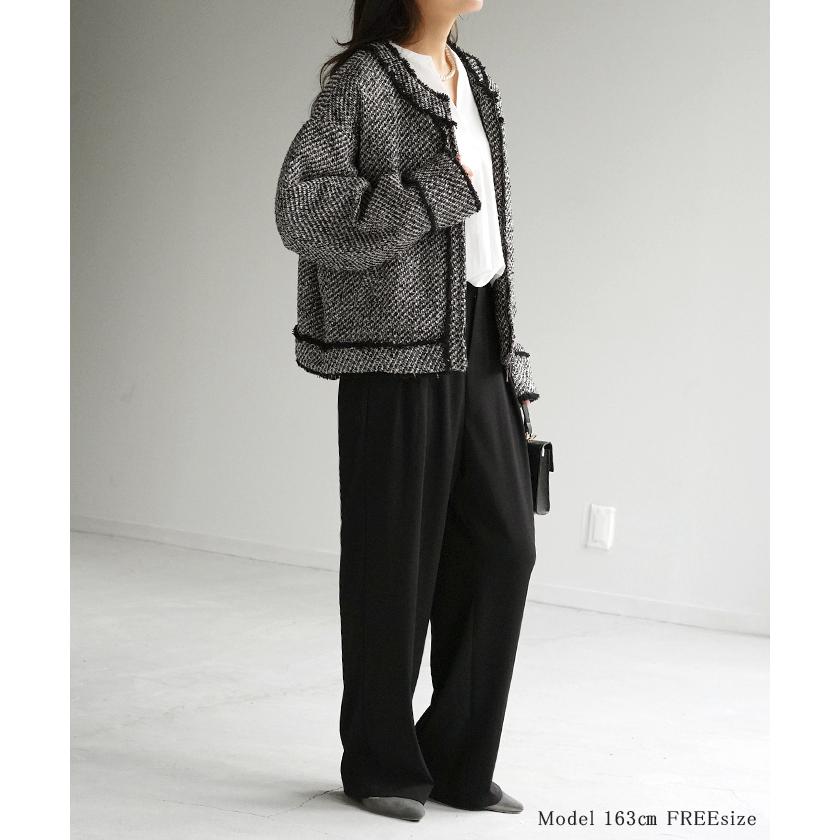 ジャケット ツイード ノーカラー ジャスト丈 ブルゾン ツイードジャケット アウター レディース きれいめ OUTER2410 | HUG.U | 15