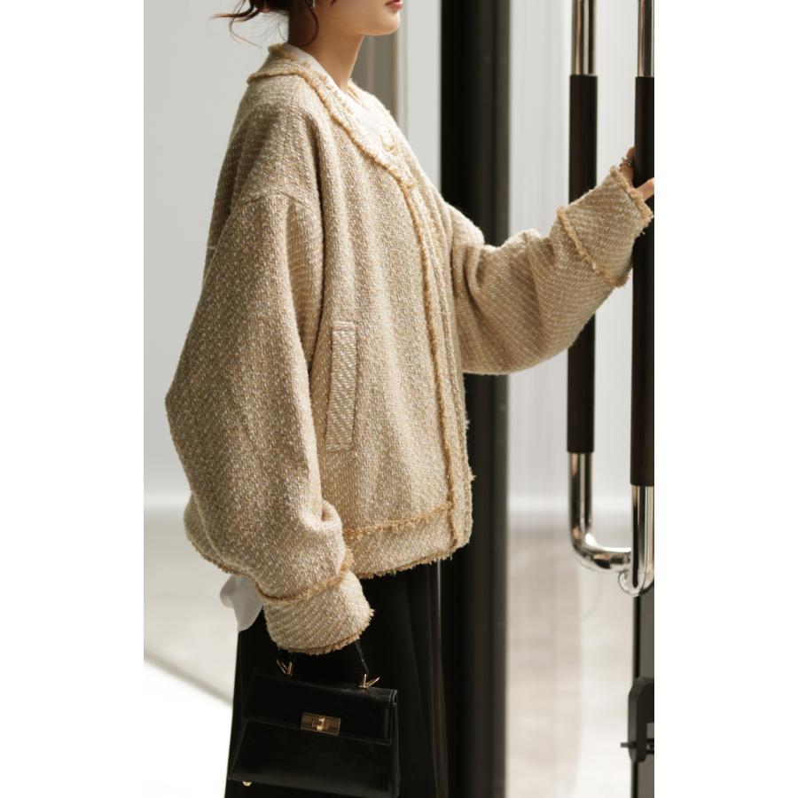 ジャケット ツイード ノーカラー ジャスト丈 ブルゾン ツイードジャケット アウター レディース きれいめ OUTER2410 | HUG.U | 17