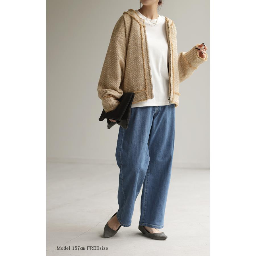 ジャケット ツイード ノーカラー ジャスト丈 ブルゾン ツイードジャケット アウター レディース きれいめ OUTER2410 | HUG.U | 19