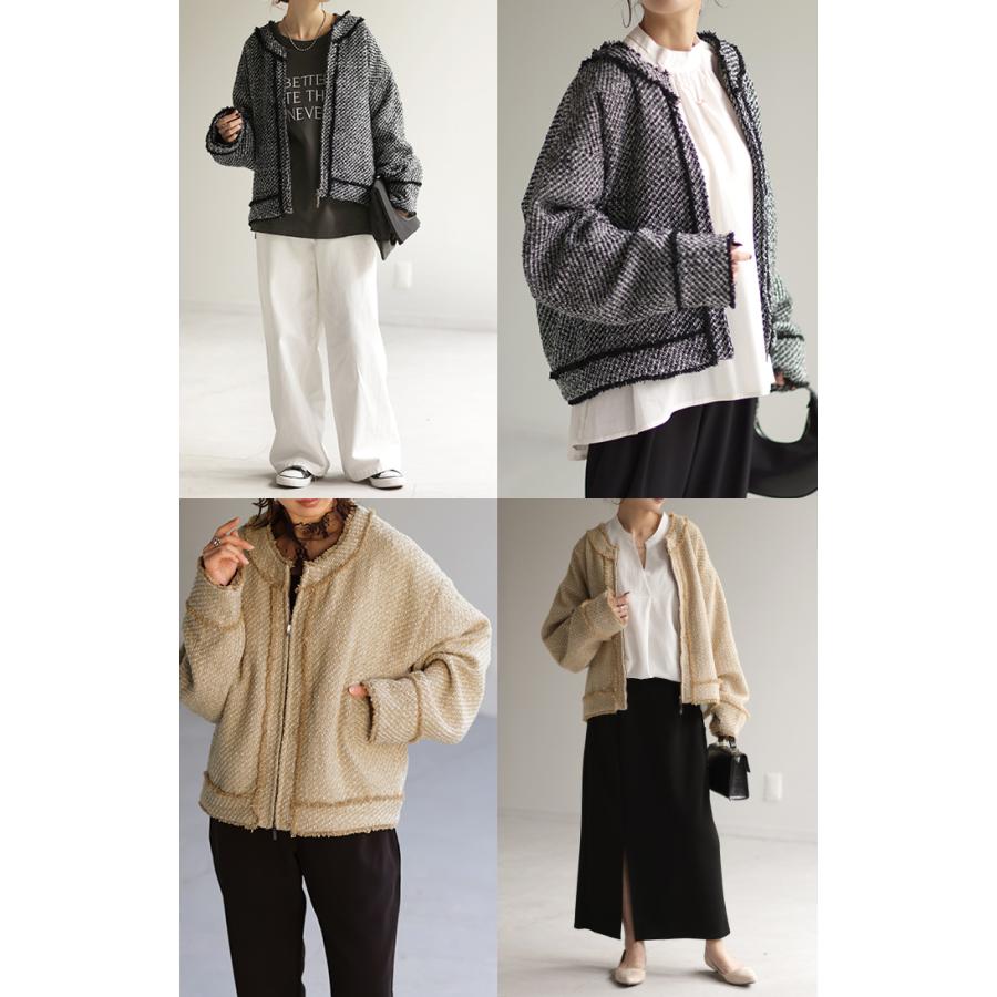 ジャケット ツイード ノーカラー ジャスト丈 ブルゾン ツイードジャケット アウター レディース きれいめ OUTER2410 | HUG.U | 20