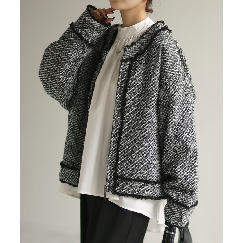 ジャケット ツイード ノーカラー ジャスト丈 ブルゾン ツイードジャケット アウター レディース きれいめ OUTER2410 | HUG.U | 06