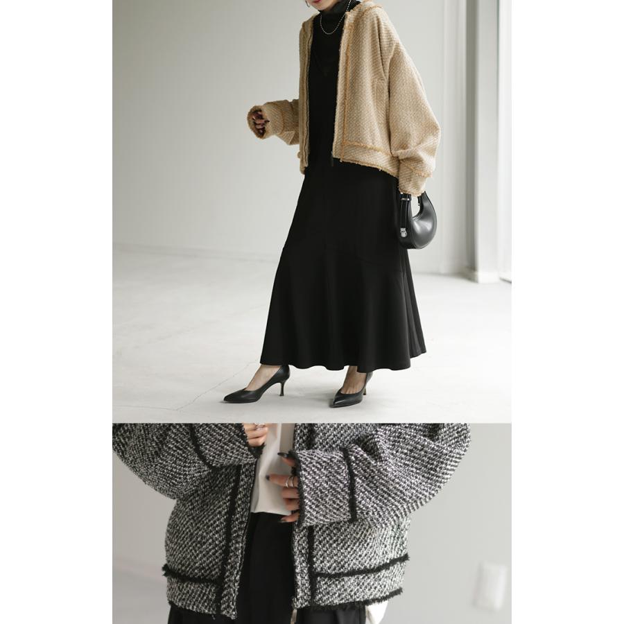 ジャケット ツイード ノーカラー ジャスト丈 ブルゾン ツイードジャケット アウター レディース きれいめ OUTER2410 | HUG.U | 07