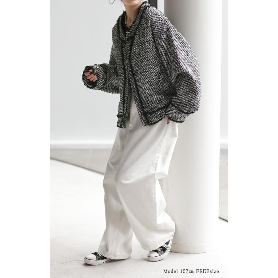 ジャケット ツイード ノーカラー ジャスト丈 ブルゾン ツイードジャケット アウター レディース きれいめ OUTER2410 | HUG.U | 10