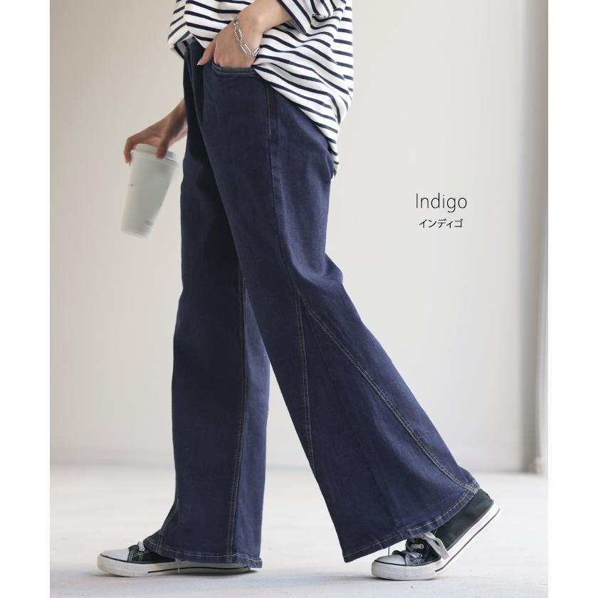 【美品】NARU ネイビー ワイドパンツ インディゴ　デニム　レディース インディゴデニム・タックワイドパンツ/40代50代からの