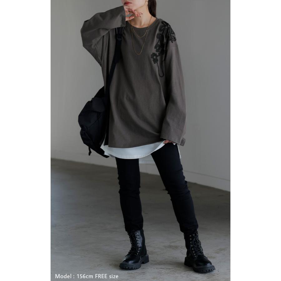 カットソー ロンT コード 刺繍 レディース 綿100 ティーシャツ 無地 長袖 Tシャツ ロング チュニック ビッグ | HUG.U | 18