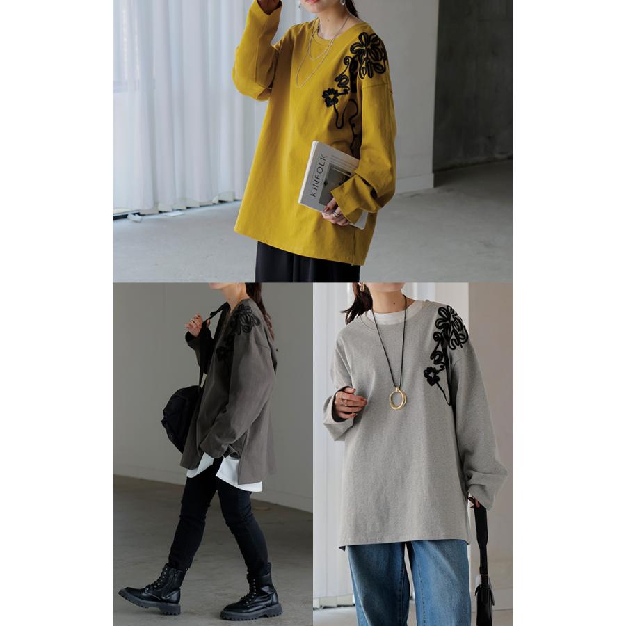 カットソー ロンT コード 刺繍 レディース 綿100 ティーシャツ 無地 長袖 Tシャツ ロング チュニック ビッグ | HUG.U | 21