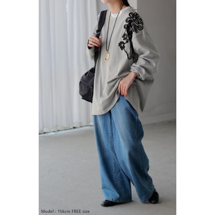 カットソー ロンT コード 刺繍 レディース 綿100 ティーシャツ 無地 長袖 Tシャツ ロング チュニック ビッグ | HUG.U | 06