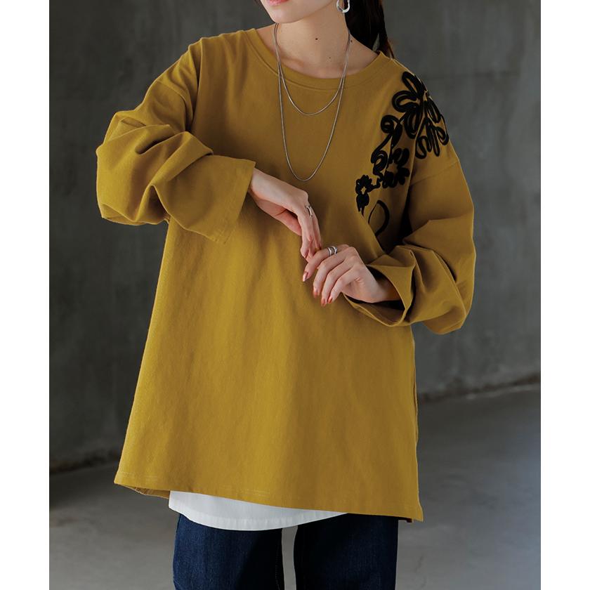 カットソー ロンT コード 刺繍 レディース 綿100 ティーシャツ 無地 長袖 Tシャツ ロング チュニック ビッグ | HUG.U | 08